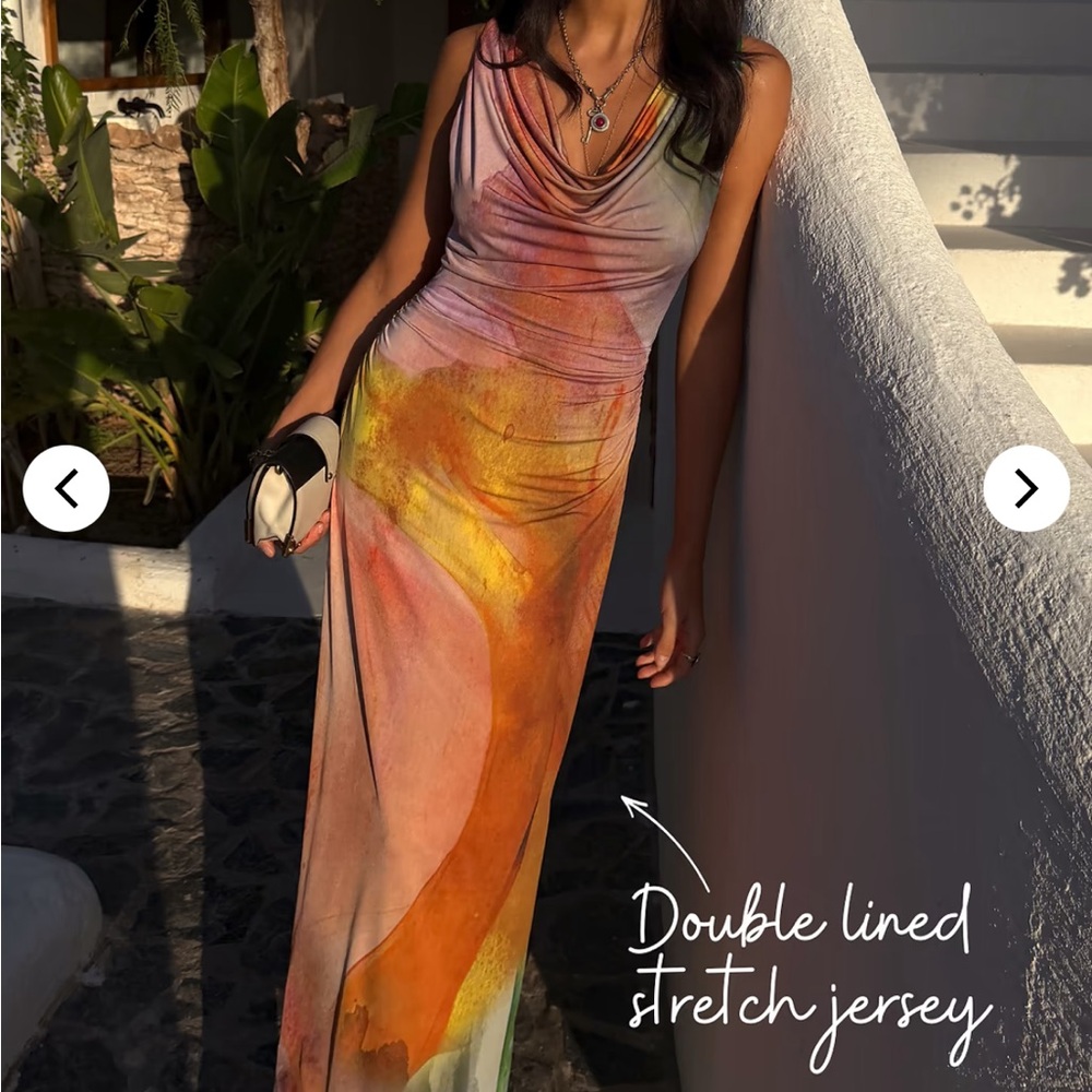 Never Fully Dressed Multicolor Cowl Neck Maxi Dress in Orange, Yellow & Pink